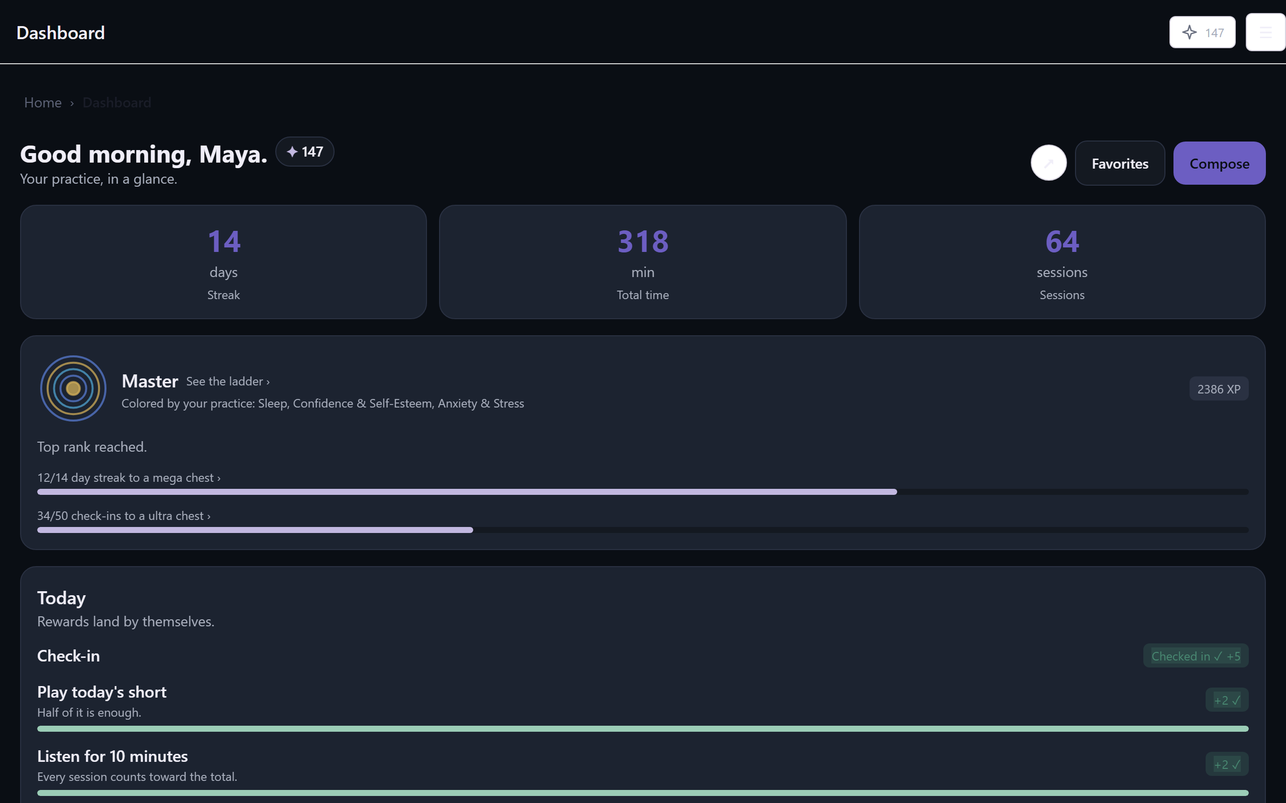 Stasis practice dashboard in a web browser, with streak, aura, and practice calendar