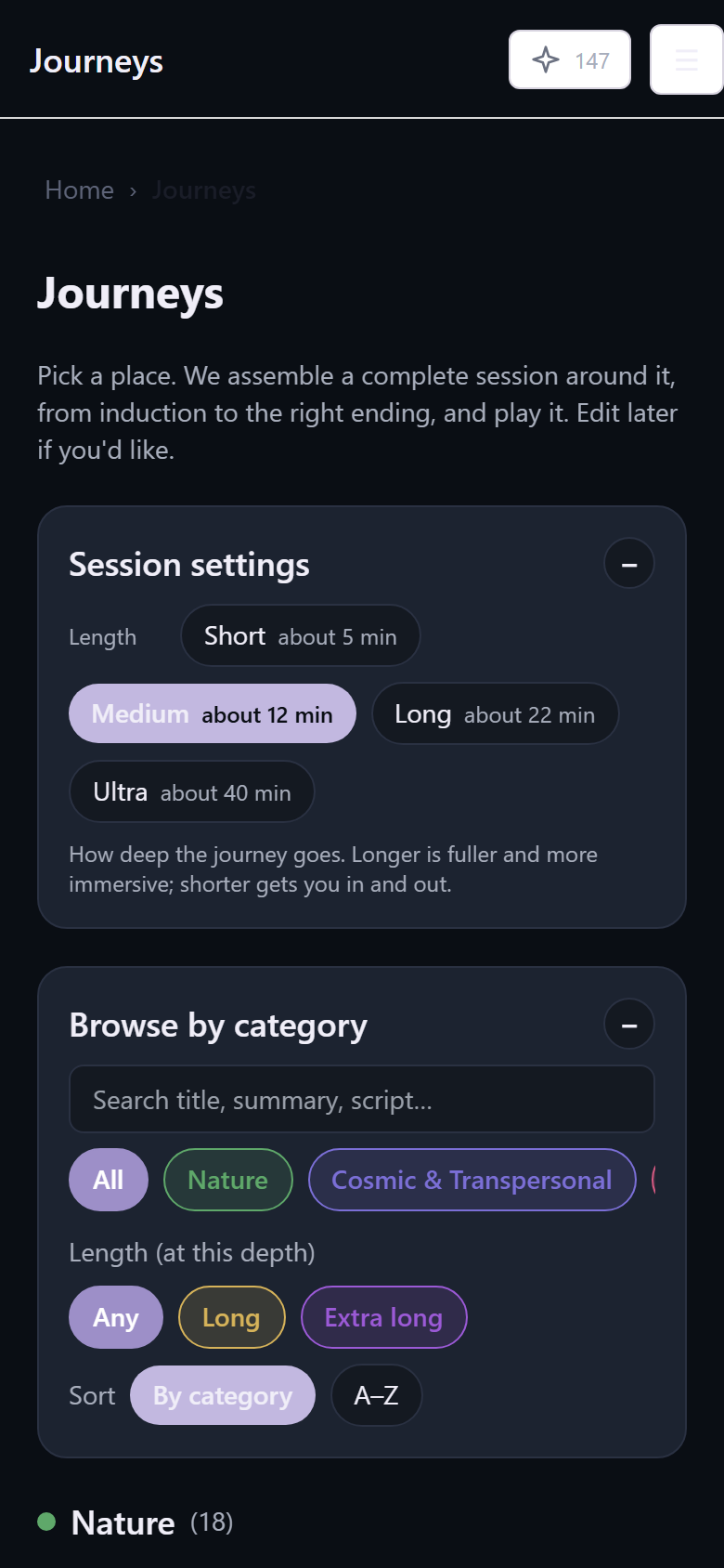 Journeys browse screen with session lengths and categories